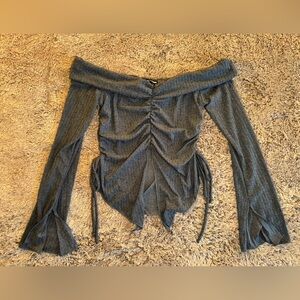 Off-Shoulder Ruched Knit Sweater Top - Gray